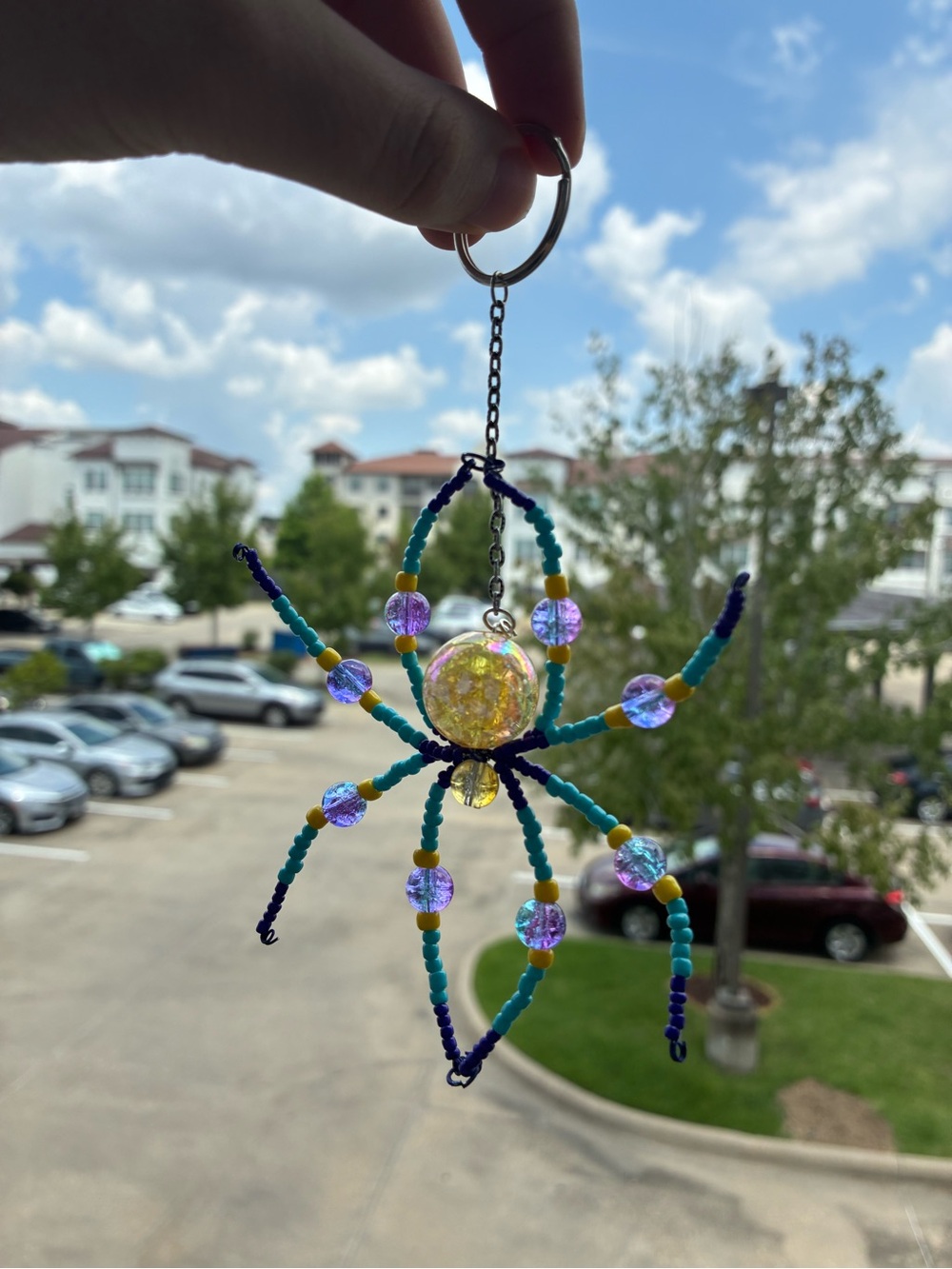 Handmade Yellow, Blue and Purple Beaded Keychain with Iridescent Center